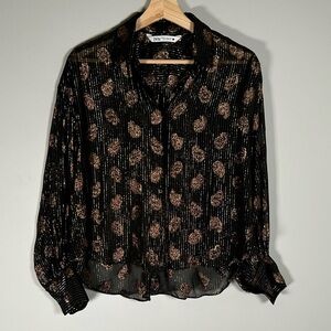 Zara - Paisley Print Sheer Metallic Gold Button Shirt